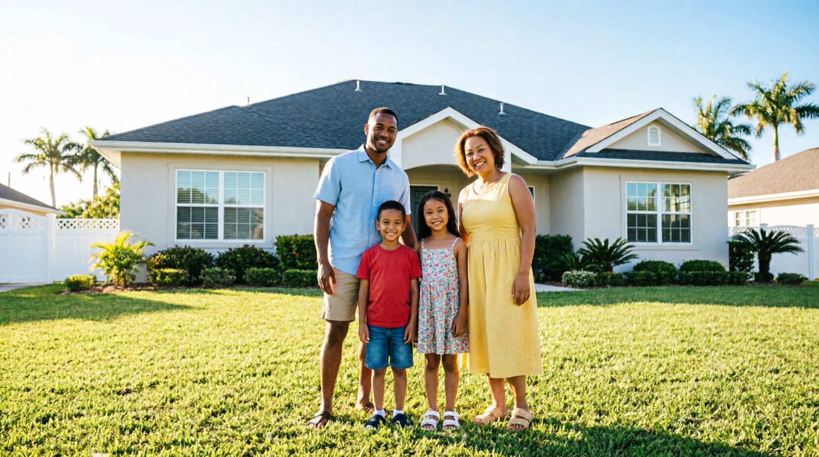 Happy family in front of their safe home in Lake Worth, FL